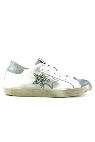 2STAR2SD White Leather Light Blue Laminated Suede Silver Glitter