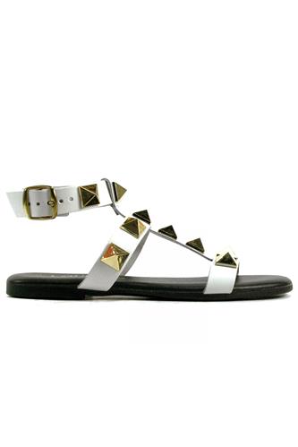 Sandal White Leather Gold Studs