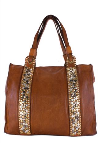 Liri Big Shopping Bag Cognac Leather Multicolor Rivets