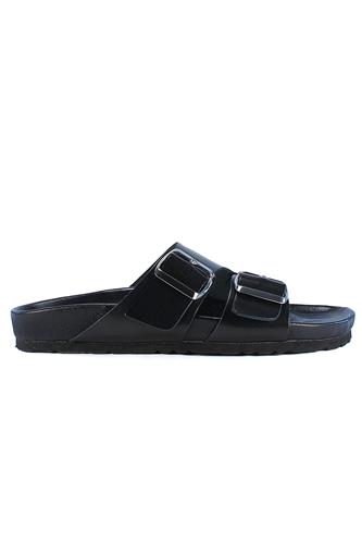 Fusbet Sandal Black Leather Double Buckle, LATIKA