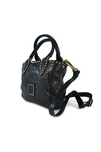 Small Shopper Black Leather Studs Malachite