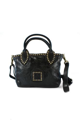 Small Shopper Black Leather Studs Malachite