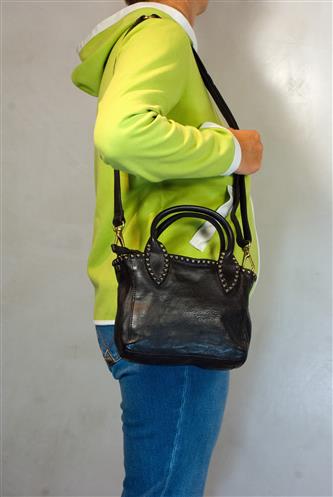 Small Shopper Black Leather Studs Malachite