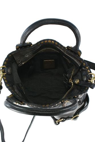 Small Shopper Black Leather Studs Malachite